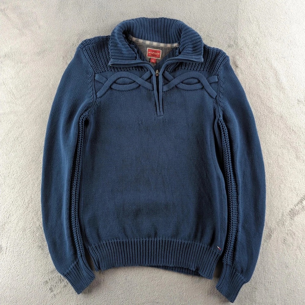 Tommy Hilfiger Denim Sweater Mens Large Blue Quarter Zip Pullover Knit Cotton